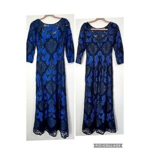 Aidan Mattox Formal Dress Gown Blue Black Damask Lace Women’s 2